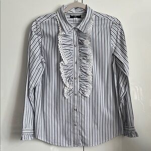 KARL LAGERFIELD Black and White Blue Striped Ruffle Button Down Shirt, Size M